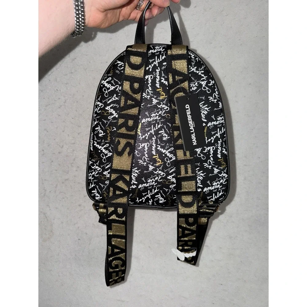 Karl Lagerfeld Paris Medium Backpack Black Gold AOP‎ Script L5GK48CJ NWT $198